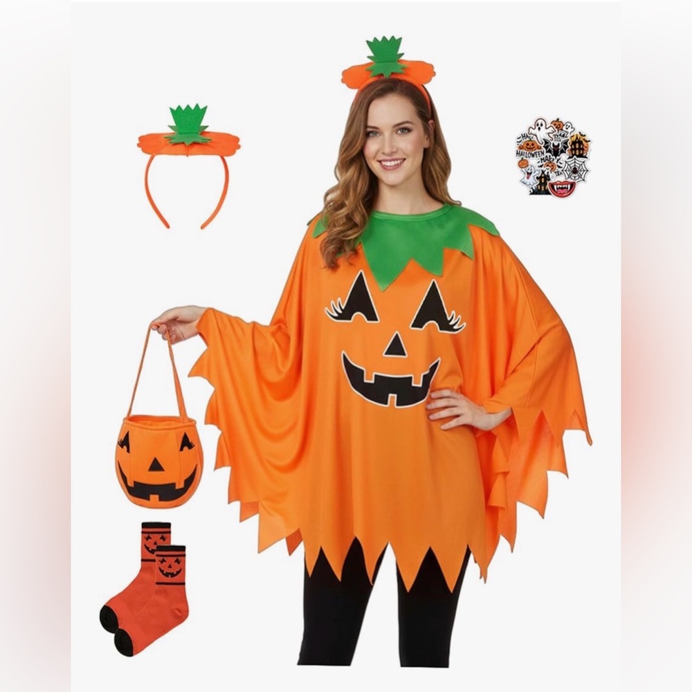 Pumpkin Halloween Poncho and Accessories for Adults New